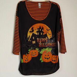 0434 Thomas  Olivia graphic Halloween, witch, pumpkin bat orange black shirt XL
